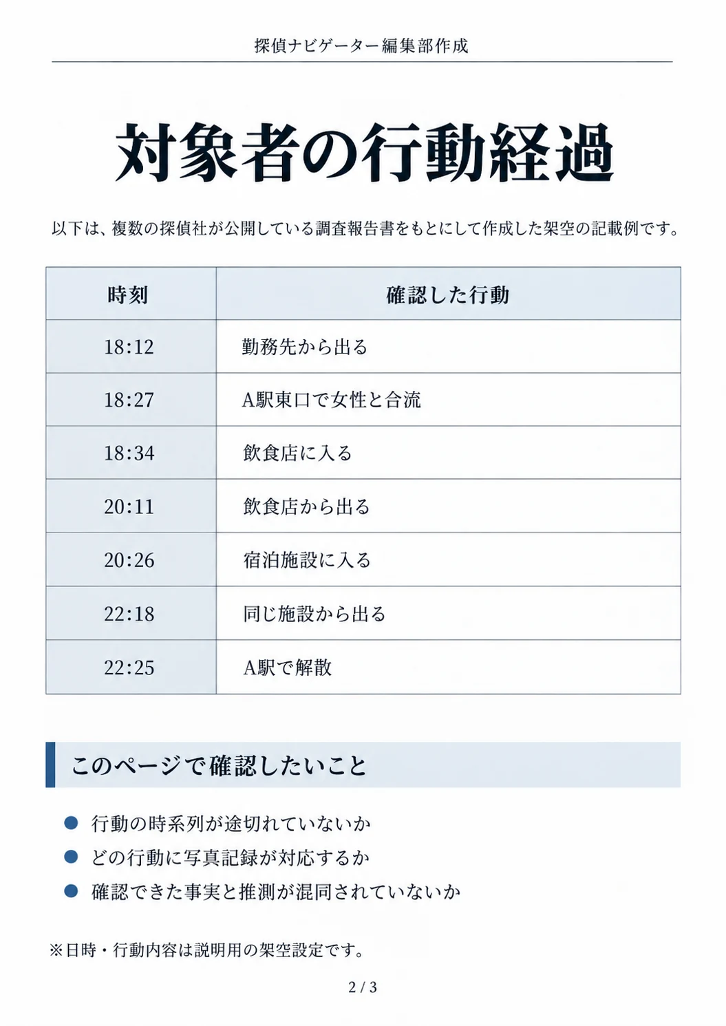 架空の浮気調査報告書の見本2ページ目・対象者の行動記録
